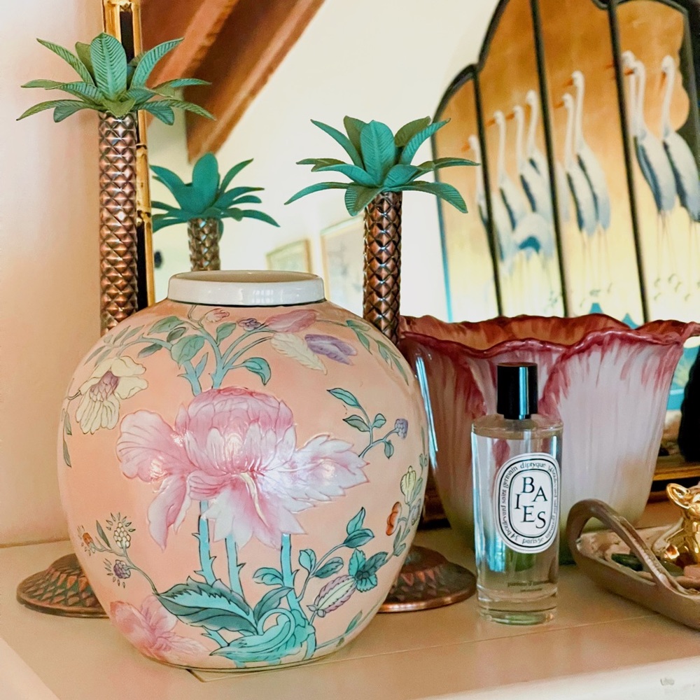 Vintage Grandmillennial Chinoiserie Beige/Blush Peony Vase
